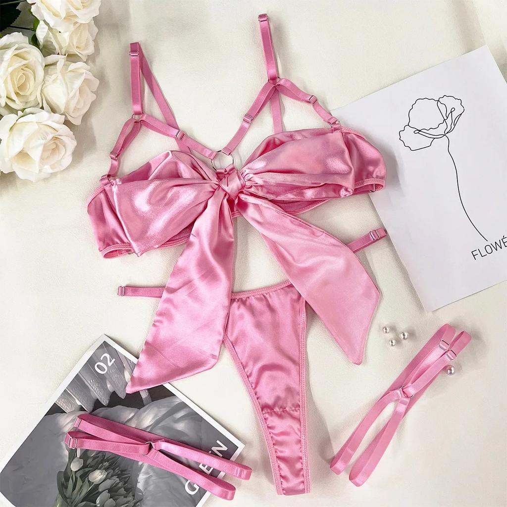 Yimunancy Satin Solid Sexy Lingerie Set Women 2-Piece Bra + Brief Underwear Set Erotic Intimates