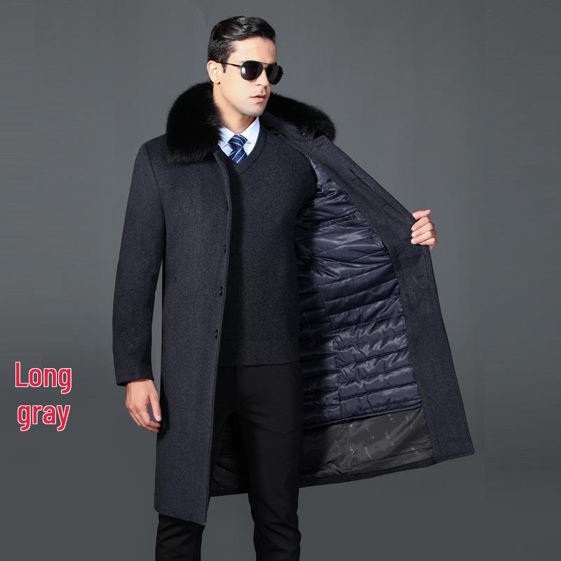 Men's Winter Wool Coat with Detachable Liner and Real Rabbit Fur Collar for Middle-Aged & Elderly