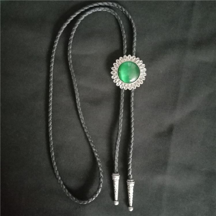 Braided Shoestring Flower Stone Bolo Tie Carved Charm Cowboy Necktie Necklace