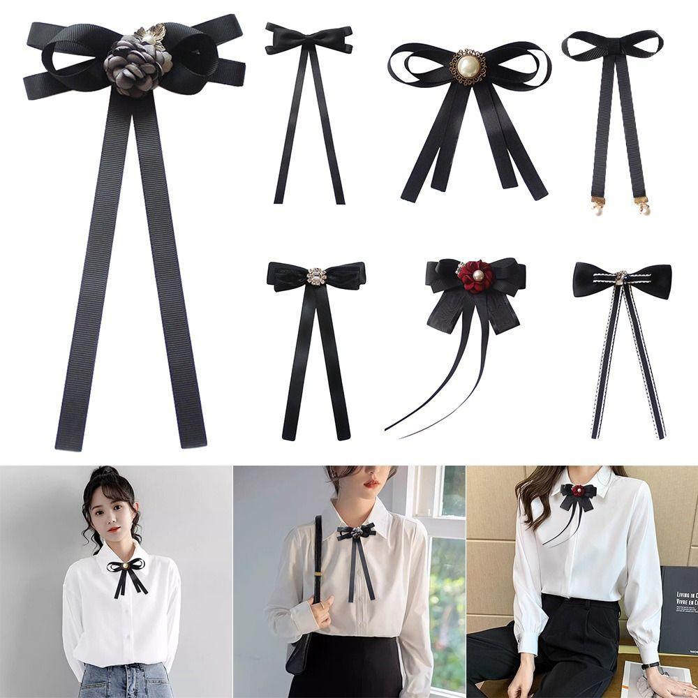 Rhinestone Pearl Bow Blouse Collar Pin Brooch Black Shirt Bowtie Ribbon Bow Tie  For Women Girls