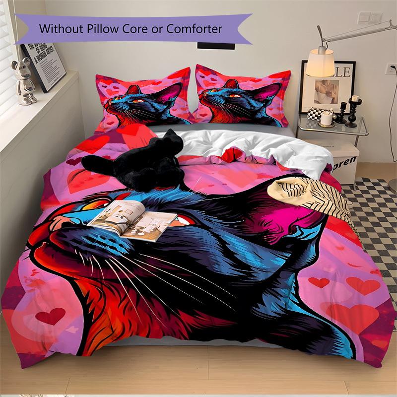 3pcs Cat Art Print Duvet Cover Set, Cover For Bedroom Guest Room (1 Duvet Cover + 2 Pillowcase, Without Quilt),  Yy250922121