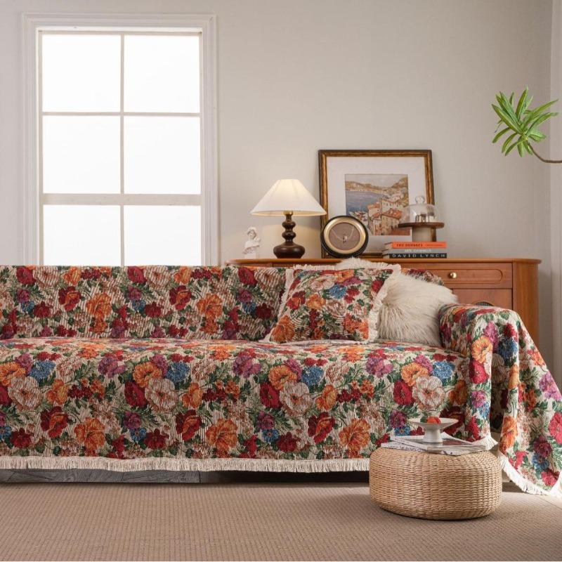 Exquisite sofa towel anti-cat scratch jacquard flower bird green retro festive festival thick sofa blanket