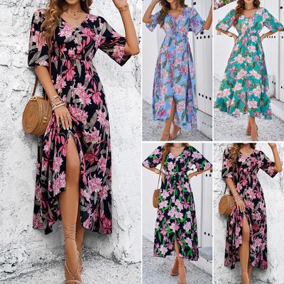 Vestidos para Férias de Primavera e Verão Femininas Casual Estampado Fenda Decote V Saia Longa