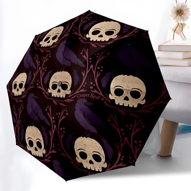 1pc Skulls Ravens Automatic Umbrella - 8-Rib Portable Folding Black Iron Frame for Outdoor, Beach, Travel, Beach Umbrella,011