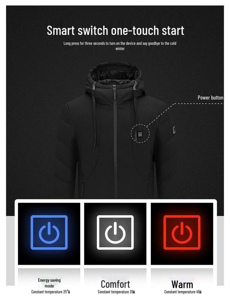 Men's USB Heated Slim Fit Cotton Jacket, Korean Style, Hooded, Zone 5 Smart Heating, Padded, Warm Outerwear.