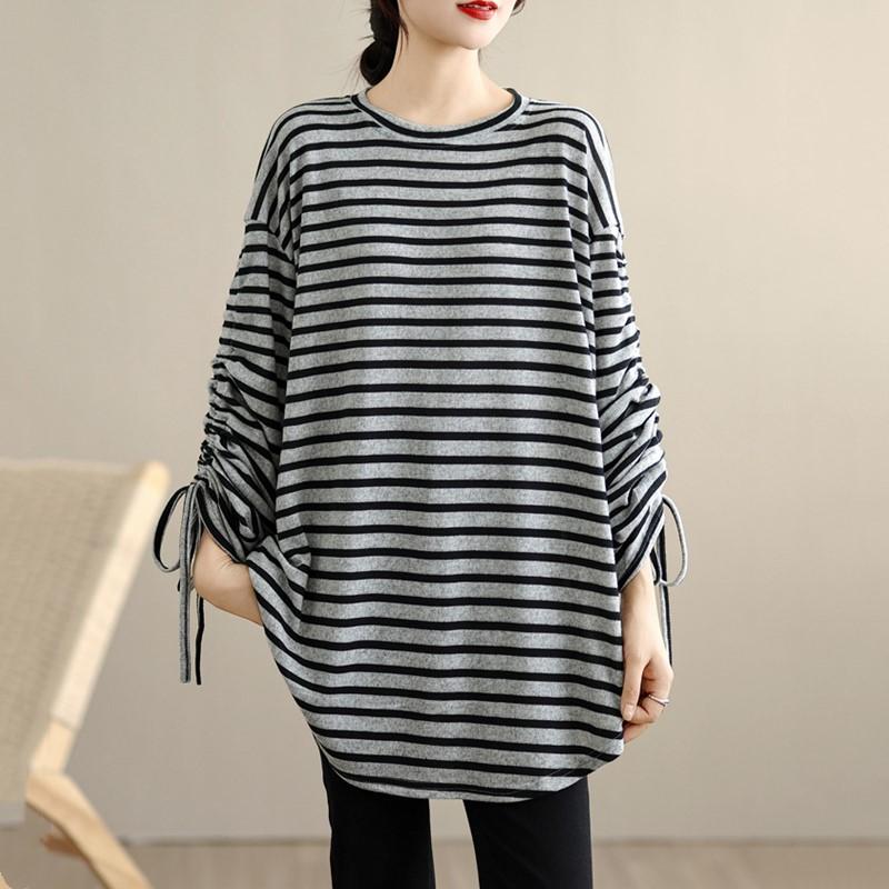 long sleeve oversized Knitted vintage stripe Casual loose spring autumn t shirt tops Women t-shirt