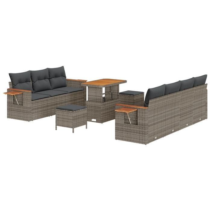 Ensemble de Canapés de Jardin 10 pièces avec Coussins Gris Poly Rattan Acacia 3365093