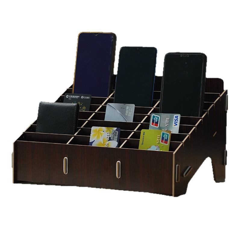 Wooden Desktop Mobile Phone Holder & Organizer with Multi-Compartments for Students & Meetings