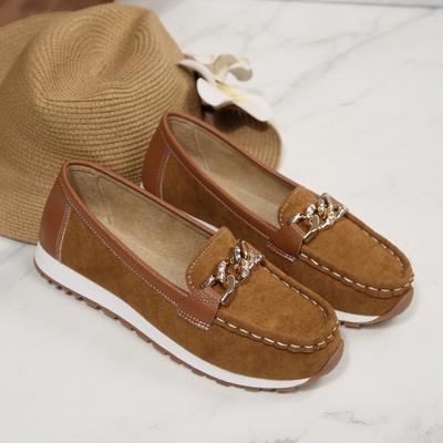 Fashi Metallkette Weiche Sohle Ballerinas Damen Frühling Herbst Wildleder Leder Plateau Loafer Damen zum Hineinschlüpfen N Slip Lässige Schuhe