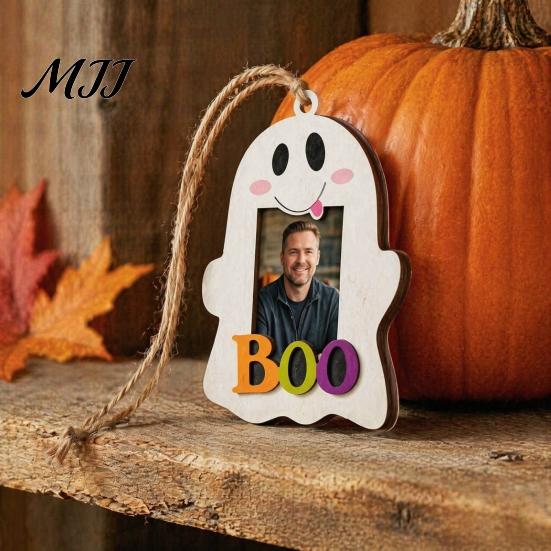 Halloween Keepsake Frame Cute Ghost Wooden Photo with Hanging Rope, Creative Rustic Wood Picture for Holiday Party Decor And Home Wall Decoration