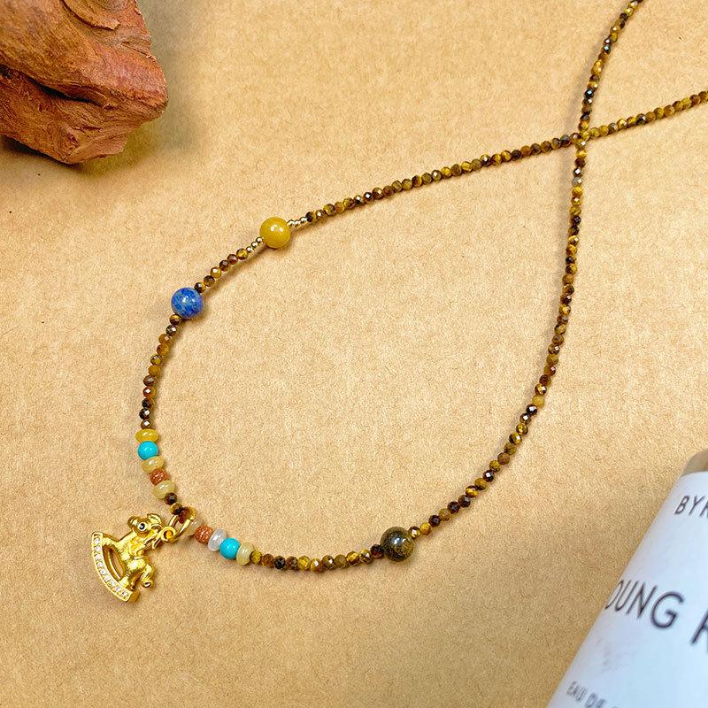 Vintage Tiger Eye Stone Necklace with Gilded Rocking Horse Pendant - 2025 Elegant Design Clavicle Chain.