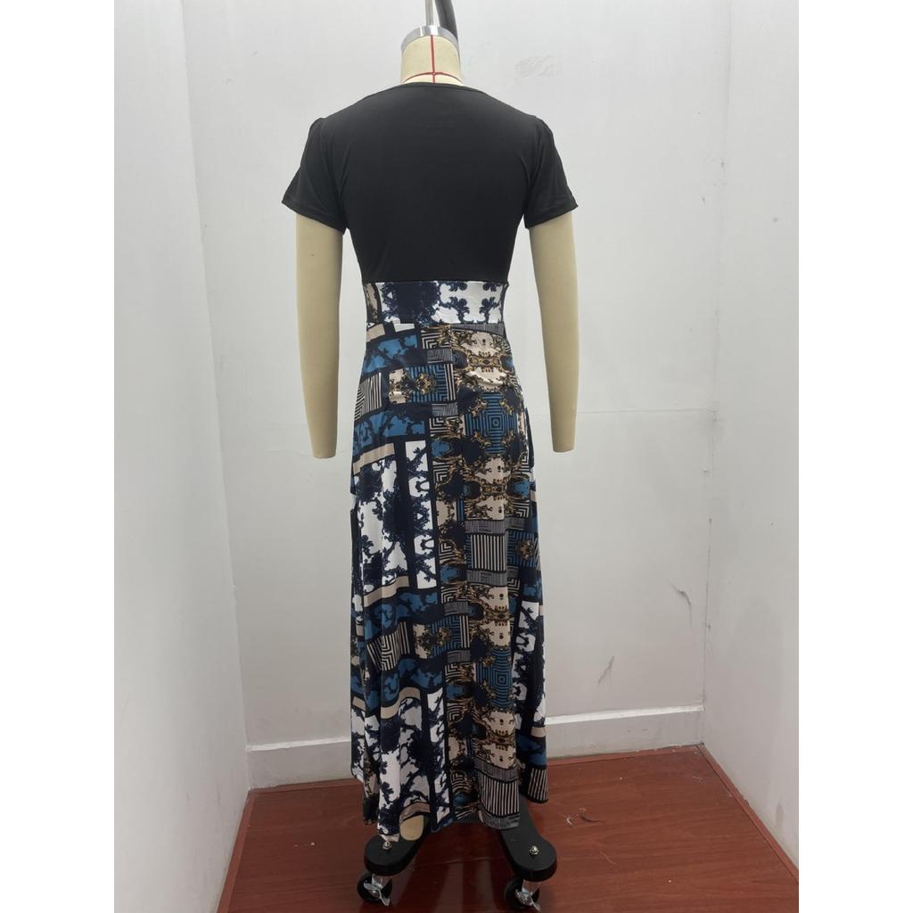 Floral Print Patchwork Short Sleeve Bohemian Dress Women Summer Dress O Neck Big Swing Long Dresses