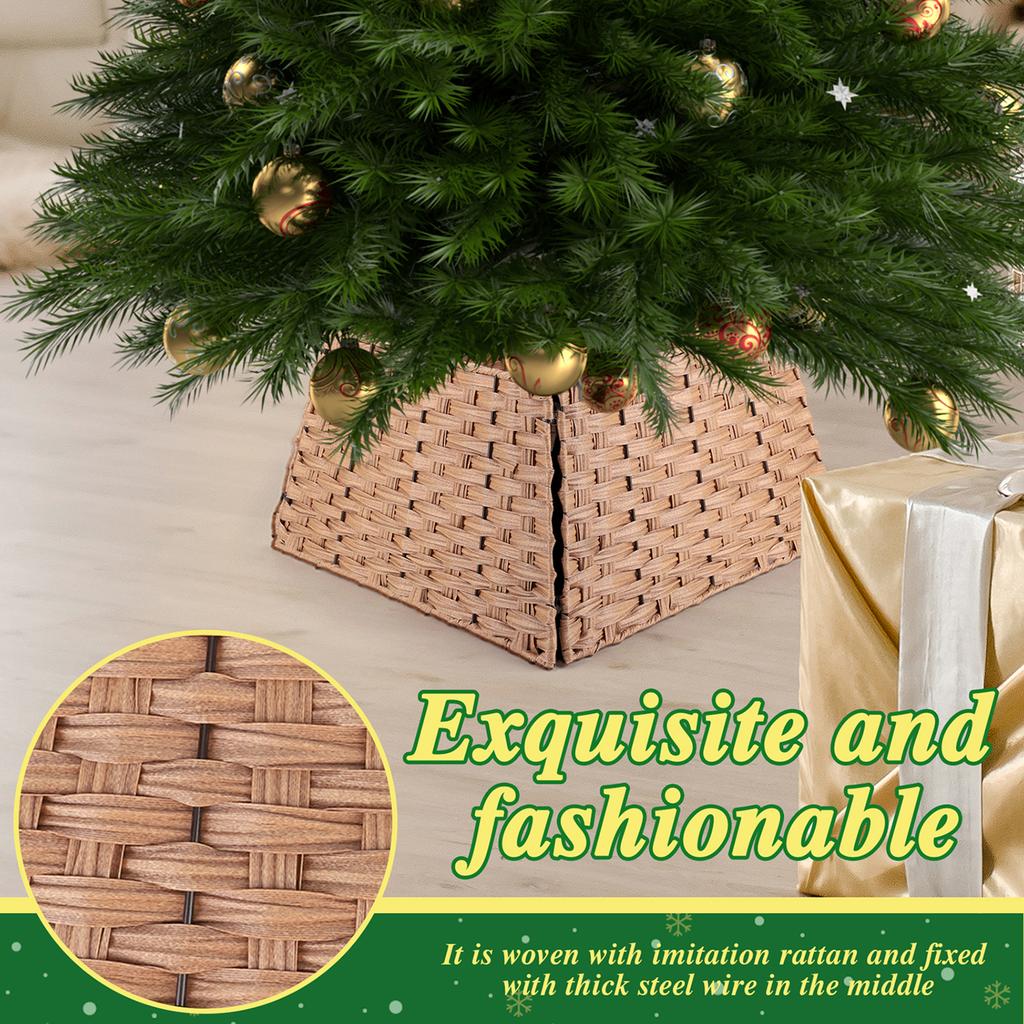 Xmas Tree Faux Rattan Cover Foldable Faux Wicker Tree Base Basket Delicate Tree Stand Cover for Christmas Tree Ring Skirt Basket