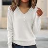 Women's Fashion V-Neck Button-Front Long-Sleeved Knit Top Solid Colour Loose-Fit Blouse