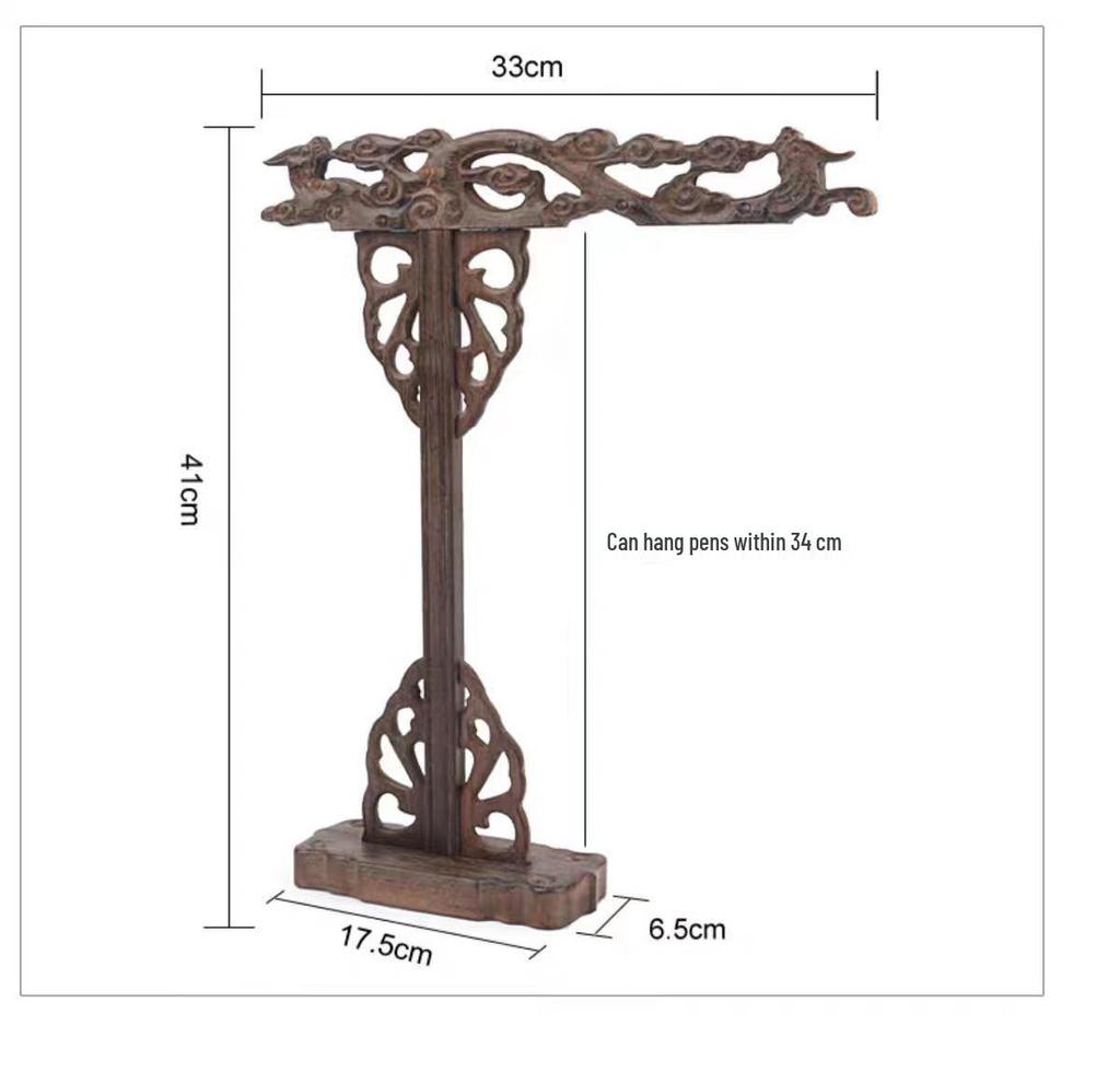 Rosewood Dragon & Phoenix Brush Holder: Round Plate Pen Hanger for Calligraphy Supplies