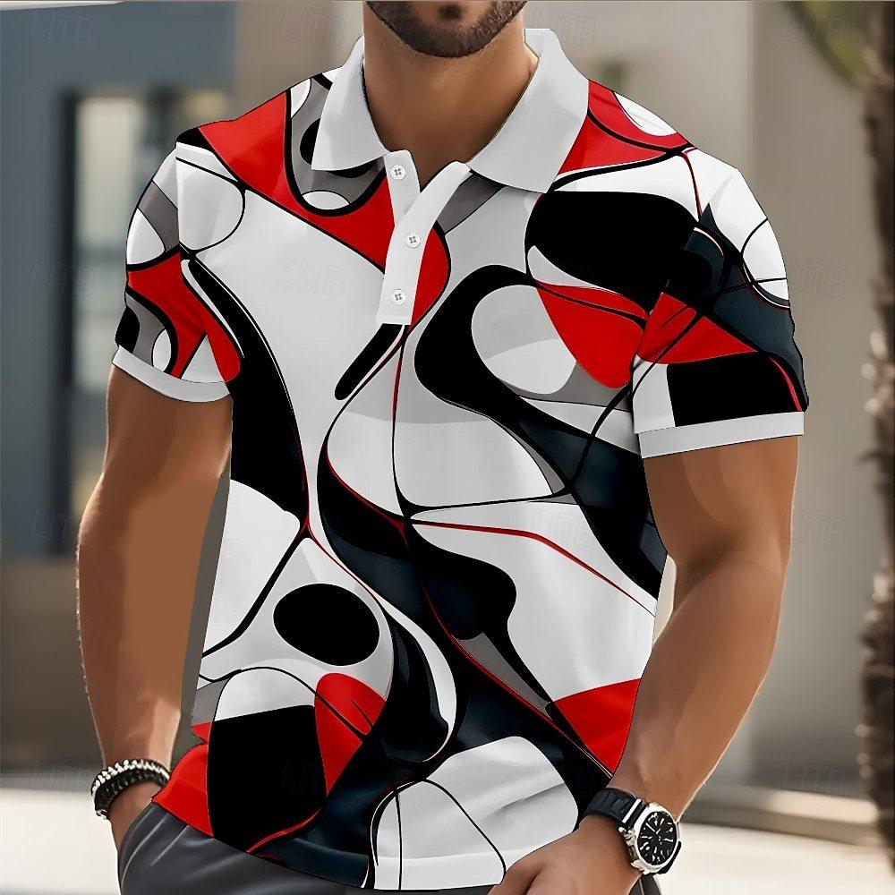 Trendy Short Sleeve Polo Shirt, Geometric Pattern, Casual Men's Top