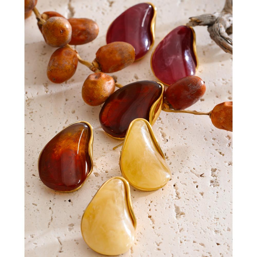 Yhpup Beige Red Amber Stainless Steel Acrylic Resin Stud Earrings Gold Color Charm Fashion Popular Jewelry Waterproof