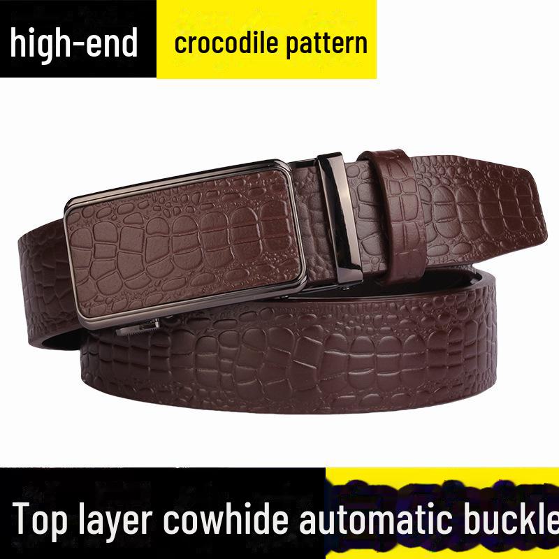 Men's Crocodile Pattern Leather Automatic Belt - Top Grain Cowhide, High-End Design, Genuine Craftsmanship.