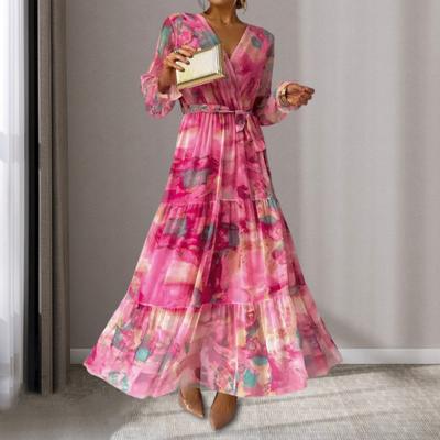 Women Evening Dress Patchwork V Neck Lace-up Waist Bohemian Style Lantern Sleeves Pleated Chiffon Colorful Print A-line Big