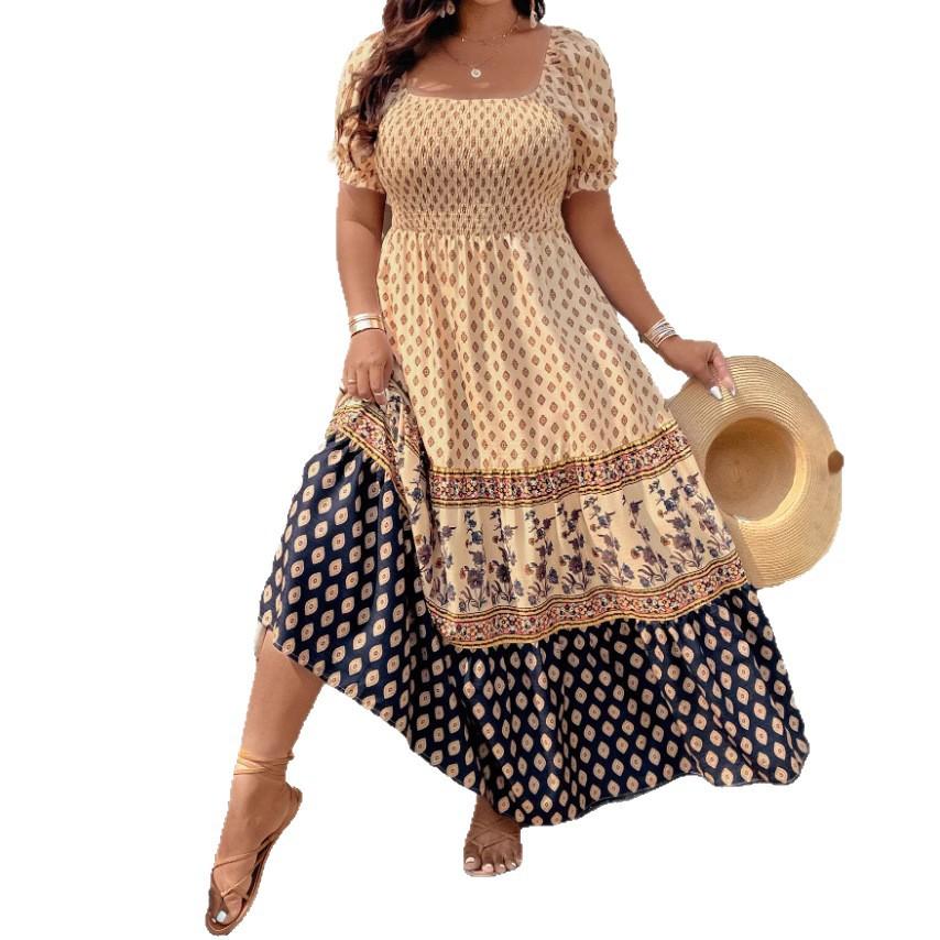 Beige and Navy Blue Floral Geometric Print Square Neck Puff Sleeve Maxi Dress