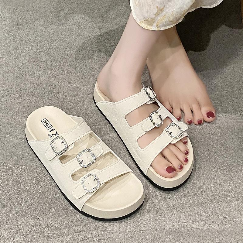 Thick-bottomed one-character slippers for women's outer wear summer new versatile rhinestone soft-bottomed sandals for women's slippers