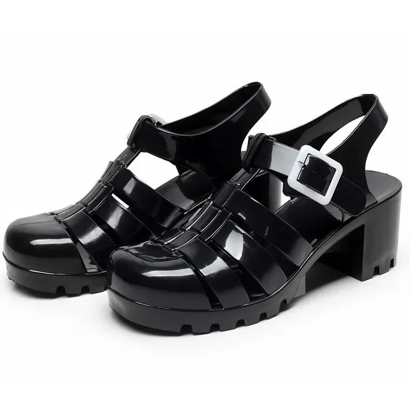 Korean Style Women's Summer Plastic High Heeled Anti-Slip Waterproof Rain Shoes Transparent Crystal Jelly Sandals Beach Shoes