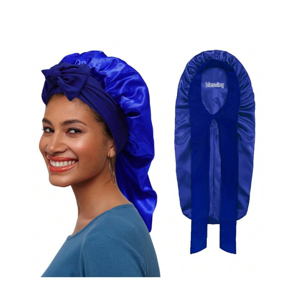 Bowknot Long Tail High Elastic Satin Sleep Cap and Bath Cap