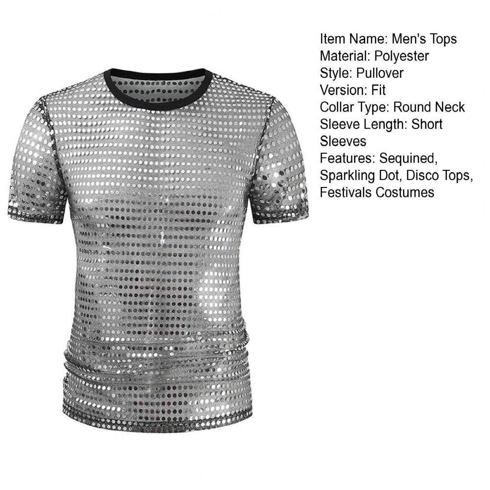 Sequined T-Shirt for Men Sparkling Dot Jazz Modern Dance T-Shirt Round Neck Short Sleeve Performance Tops 1970s Disco Tops Night