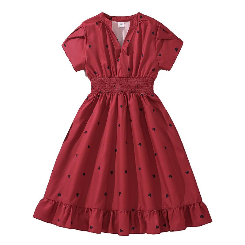 European And American Girls' Summer New Stylish Petal Sleeve Heart-Shaped Dress For Older Children