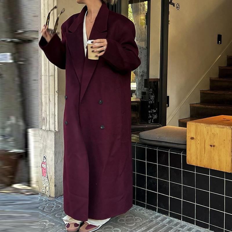 Women's Fashion Double Breasted Lapel Thicken Long Coat Pockets Long Sleeves Overcoat Winter Loose High Street Outwear