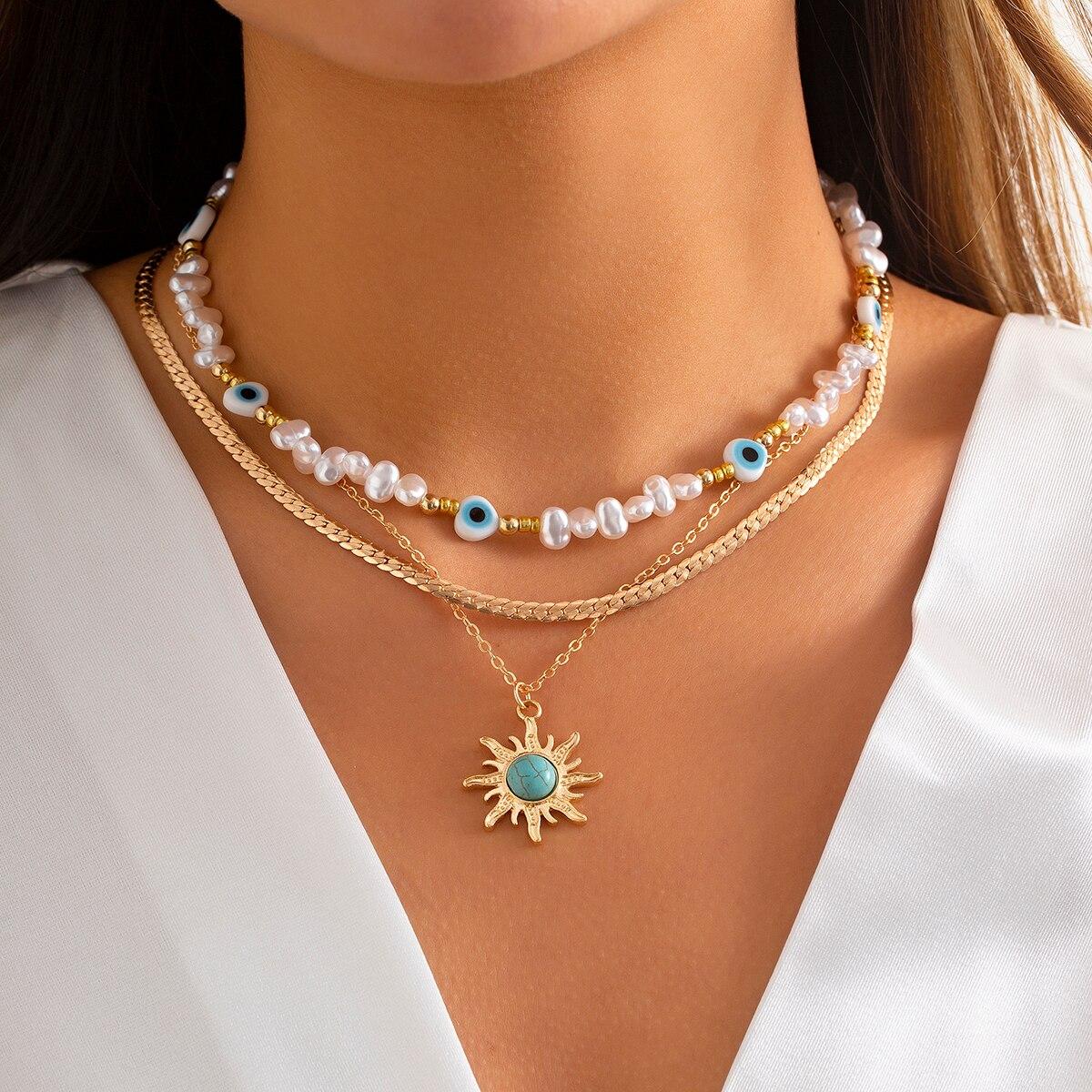 

3pcs/set Ethnic Sunflower Green Stone Pendant Necklace Women Vintage Imitation-Pearl Devil s Eye Beaded Collar Necklace