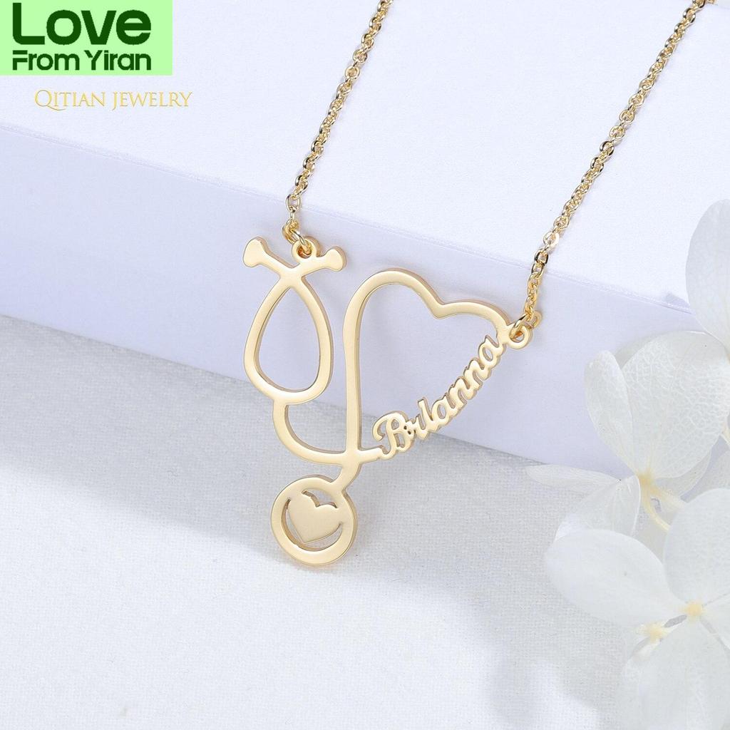 Collane con Nome Personalizzato Gioielli in Acciaio Inossidabile Personalizzate Placcatura Oro Ciondolo Stetoscopio Collane con Targhetta Nome Donna Regalo per Medico alla Fiera alla Moda