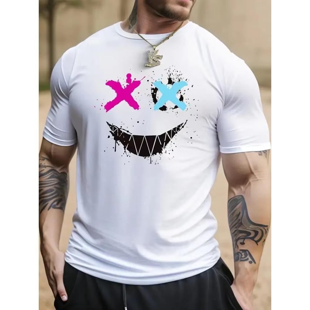 Cross Eyes Smile Face Print, Men's Graphic T-shirt, Casual Comfy Tees Tshirts for Summer, Men's Clothing Tops
