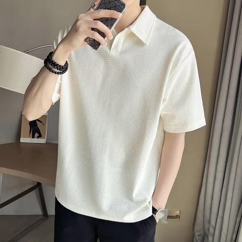 Men's Japanese Retro Loose-Fit Polo T-Shirt - High-End Summer Trend with Collar and Short Sleeves