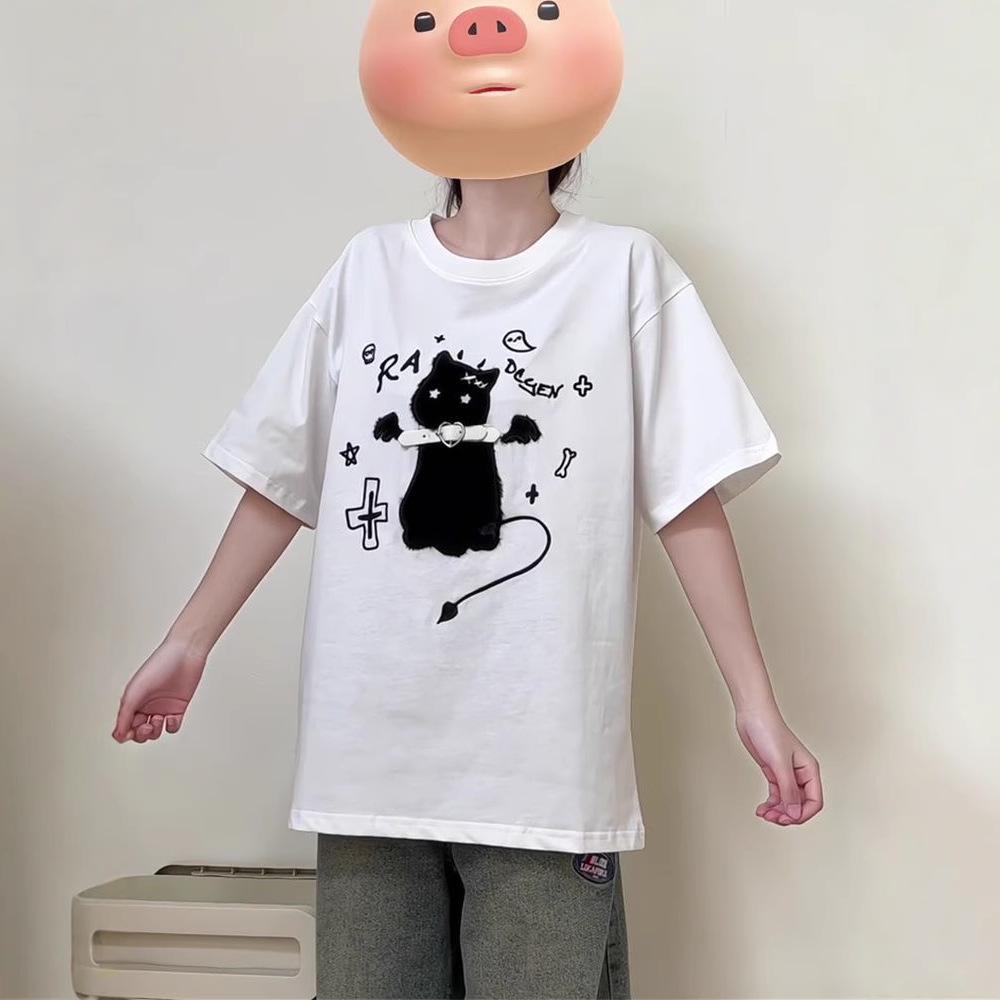 2025 Summer Girlish Kitten Print Loose Cotton Short Sleeve Women's T-shirt