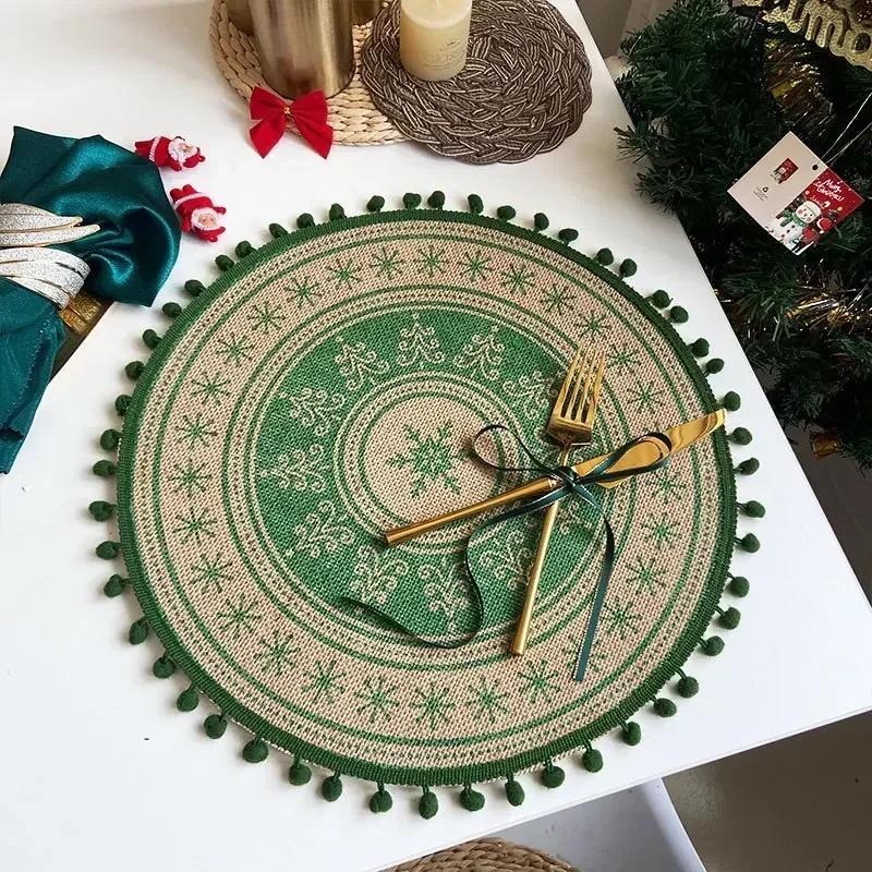 Jute Table Mats Christmas Woven Placemat Ins Printed Hairball Thermal Insulation Mat Retro Cotton and Linen Decorative Mat