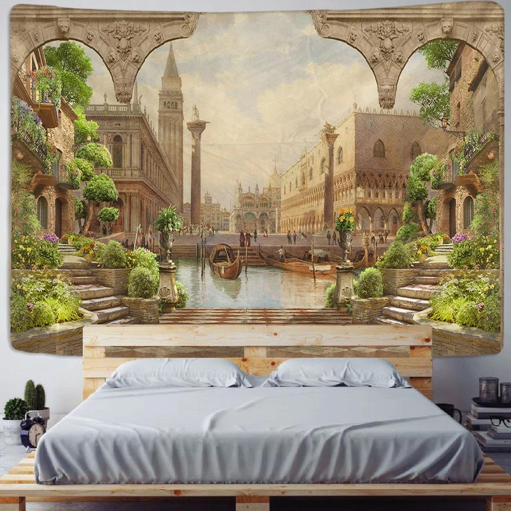 Balcony City Castle Hill Green Plant Landscape Printing Tapestry  Cheap Hippie Wall Hanging Bohemian Wall Tapestries