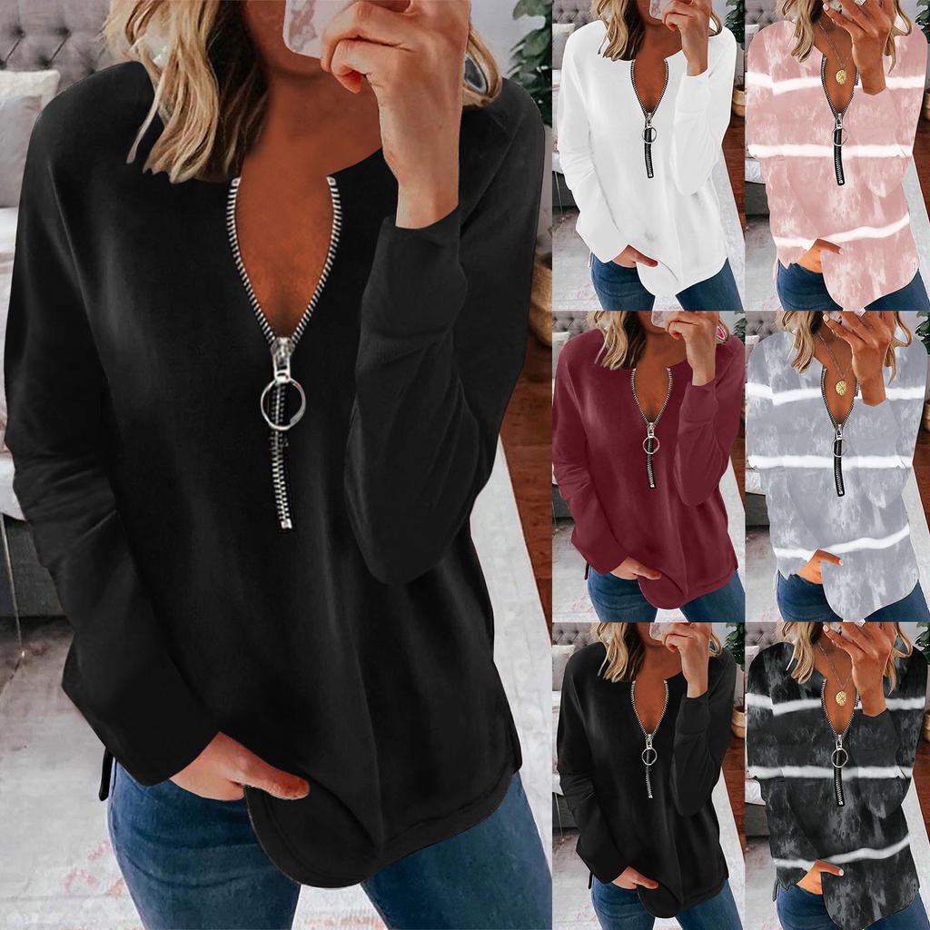 Women Summer Casual Sexy V-neck Printed Zipper LongSleeves Tops