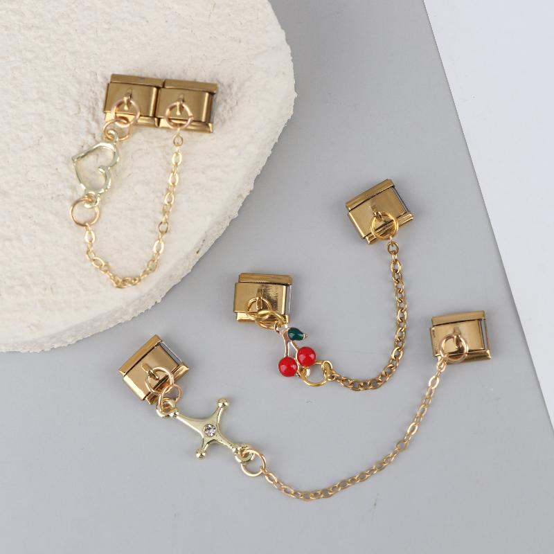 Stainless Steel Cherry Heart Star Gold Color Tassel Chain Italian Charm Links Fit 9Mm Bracelet Diy Making Jewelry Accessories