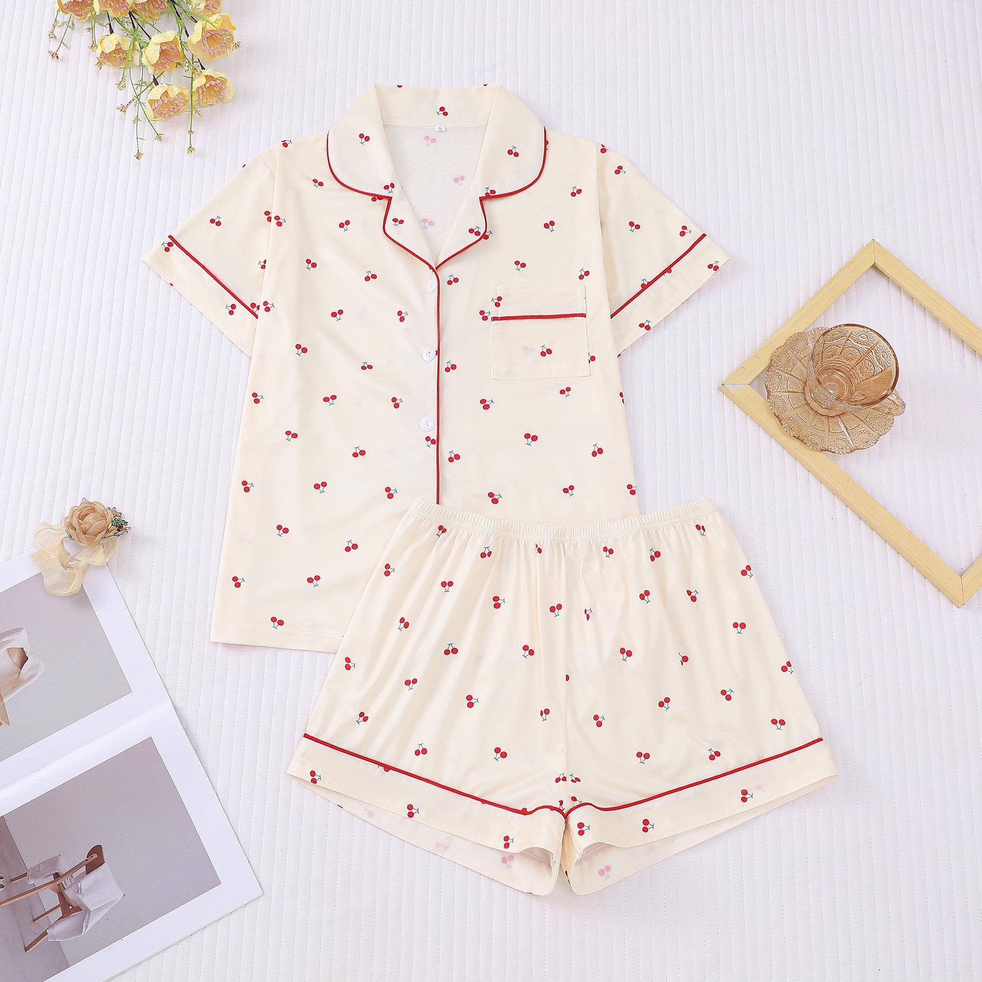 

Cherry Print Women s Pajama Set - Short Sleeve & Shorts, European & American Style Home Wear Small білий