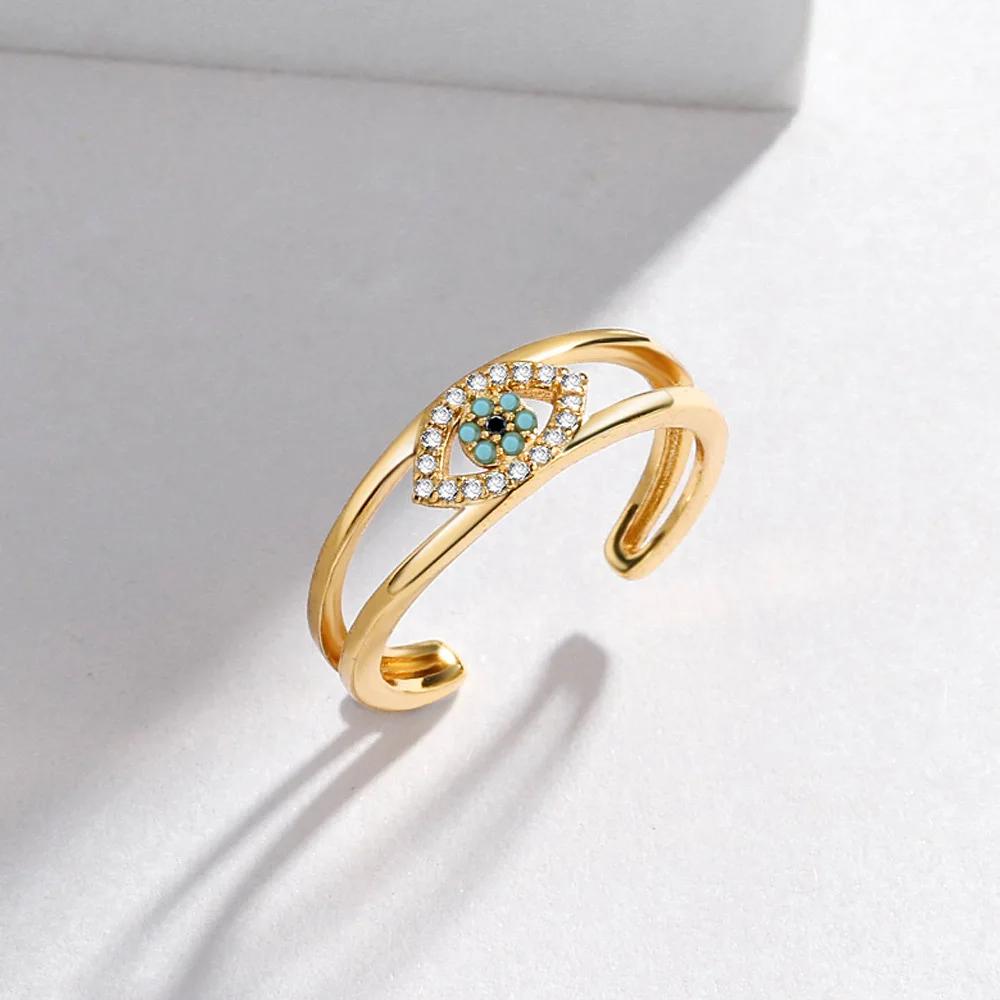 YILUOCD Blue Cubic Zirconia Evil Eye Open Ring for Women Turkish Devil Eyes Stackable Adjustable Rings Jewelry for Protection