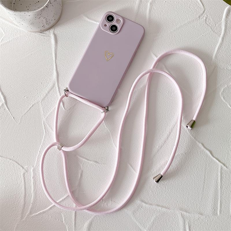 Crossbody Lanyard Silicone Phone Case For iPhone 15 14 11 12 13 Pro Max Mini 8 7 6 Plus 10 X Xr Xs Max SE Love Heart Cover