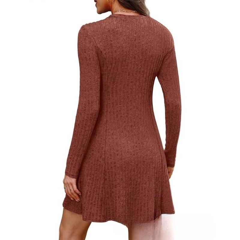 JKASHDK Women's Fashion Spring Fall Solid Color Print Long Sleeve O-Neck High Waist  Casual Dresses
