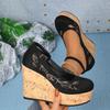Fashion Shallow Mouth Platform Bottom Wedge Heel One-strap Single Shoes Cross-border Suede Embroidery Large Size One-step Women's Shoes