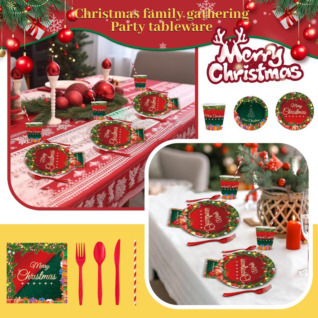 Christmas Party Tableware, Family Gathering Disposable Plates, Napkins, Cups, Decorations