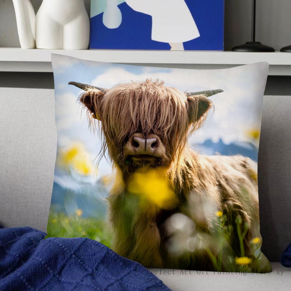 Scottish Highland Cattle Pillow Case Fashion Square Pillowcase Bedroom Sofa Room Ins Decoration Leisure Cushion Cover 40x40