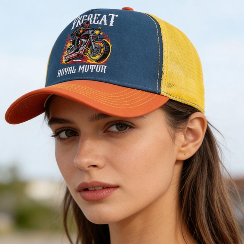 New Motorcycle Embroidered Trucker Hat Flame Biker Patch Baseball Cap For Man Woman Breathable Streetwear Summer Mesh Caps