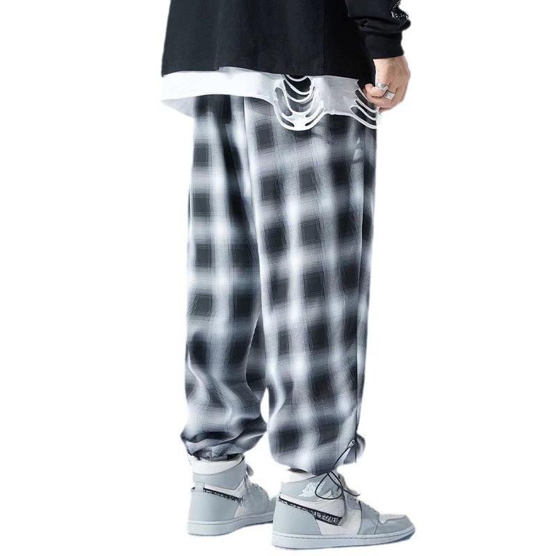 Herren Schwarz-Weiß Karierte Hose Locker Geschnitten Übergroß Weitbeinige Hose Fließend Lässig Kordelzug Bündchenhose Herrenbekleidung