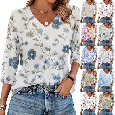 Women's V Neck 3/4 Sleeve Tops Casual T Shirts Basic Summer Tees Loose Fit Fall Pullover Tunic
