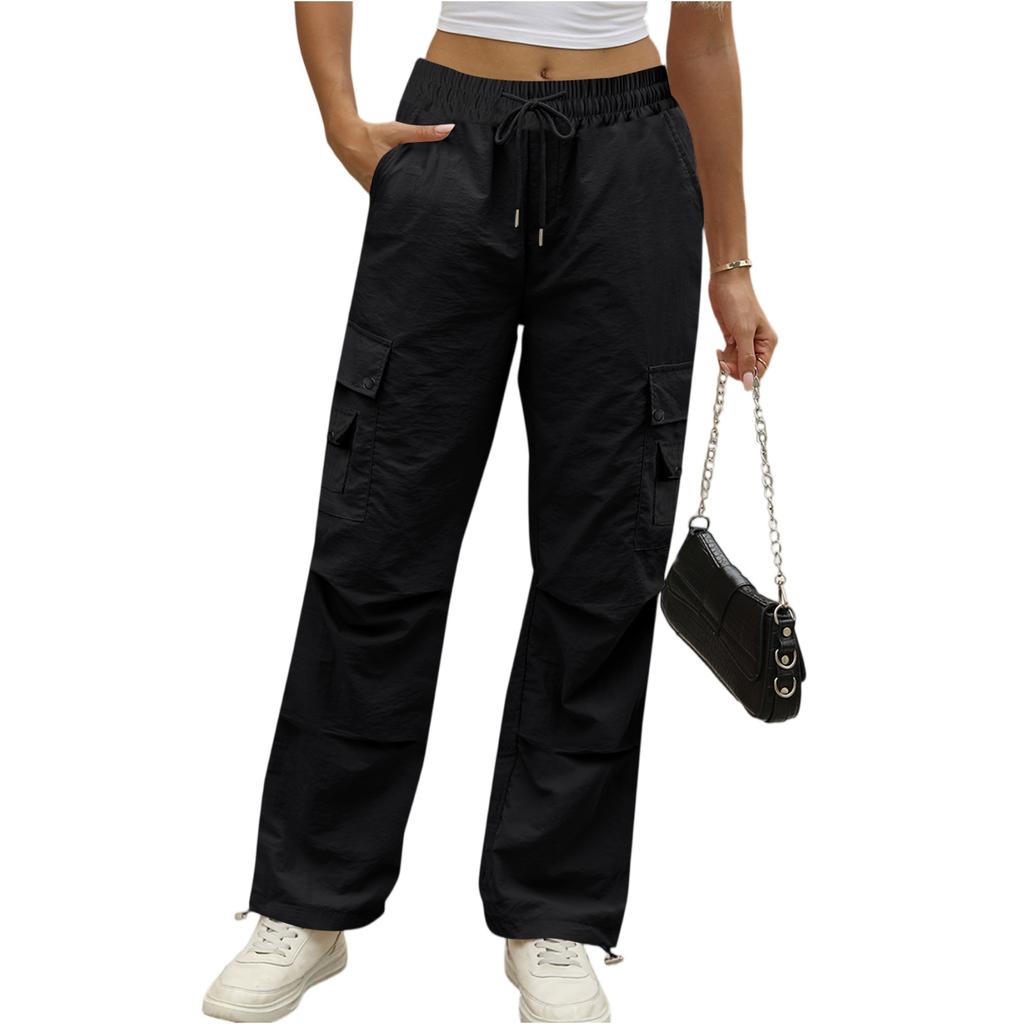 Women's Fashion Solid Color High Waist Drawstring Loose Multi Pocket Strap Casual Pants